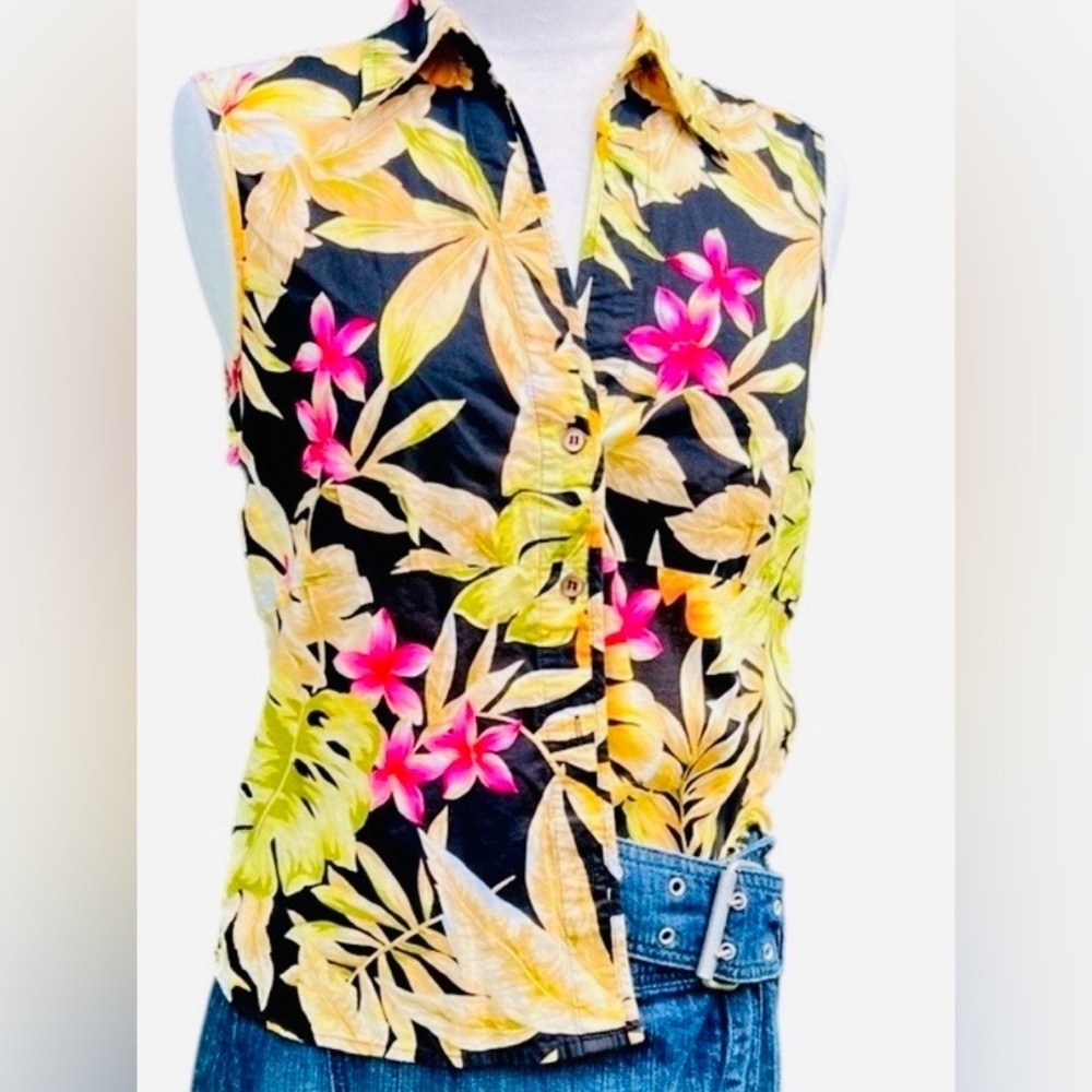 TALBOTS Floral Sleeveless Button-Up Top - Black and Pink